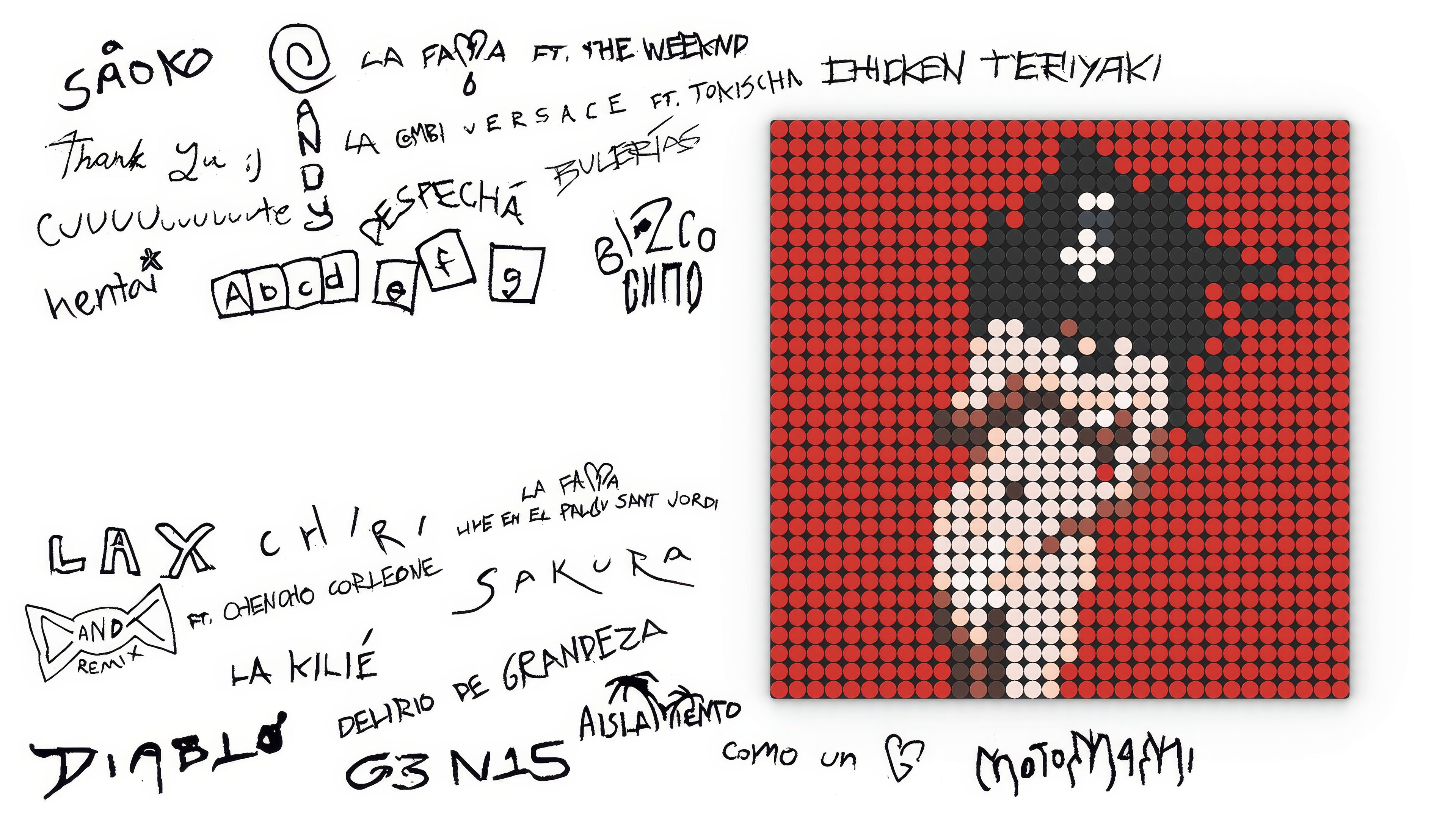 Obra digital inspirada en el álbum MOTOMAMI + de Rosalía. A la derecha, aparece un mosaico en estilo LEGO que representa la silueta icónica y desnuda de la portada del disco, sobre un fondo rojo. A la izquierda, se reparten de forma desordenada los títulos de canciones del álbum, escritos a mano con diferentes estilos, incluyendo “SAOKO”, “CHICKEN TERIYAKI”, “HENTAI”, “DESPECHÁ” y “BIZCOCHITO”. La composición transmite la estética experimental y libre de la era Motomami.